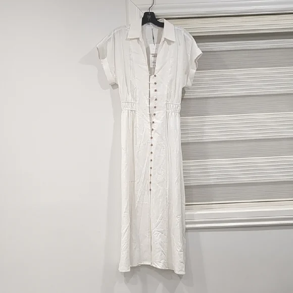 Zara XS Linen Crisp White Button-Front Midi Shirt Dress - Picture 2 of 5